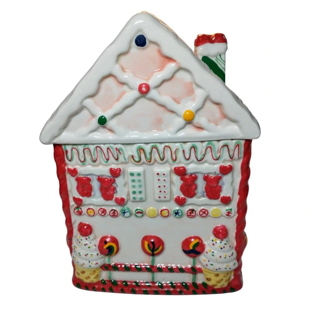 Vintage Christmas Gingerbread House Ceramic Cookie Jar Hand Painted Kitsch Retro